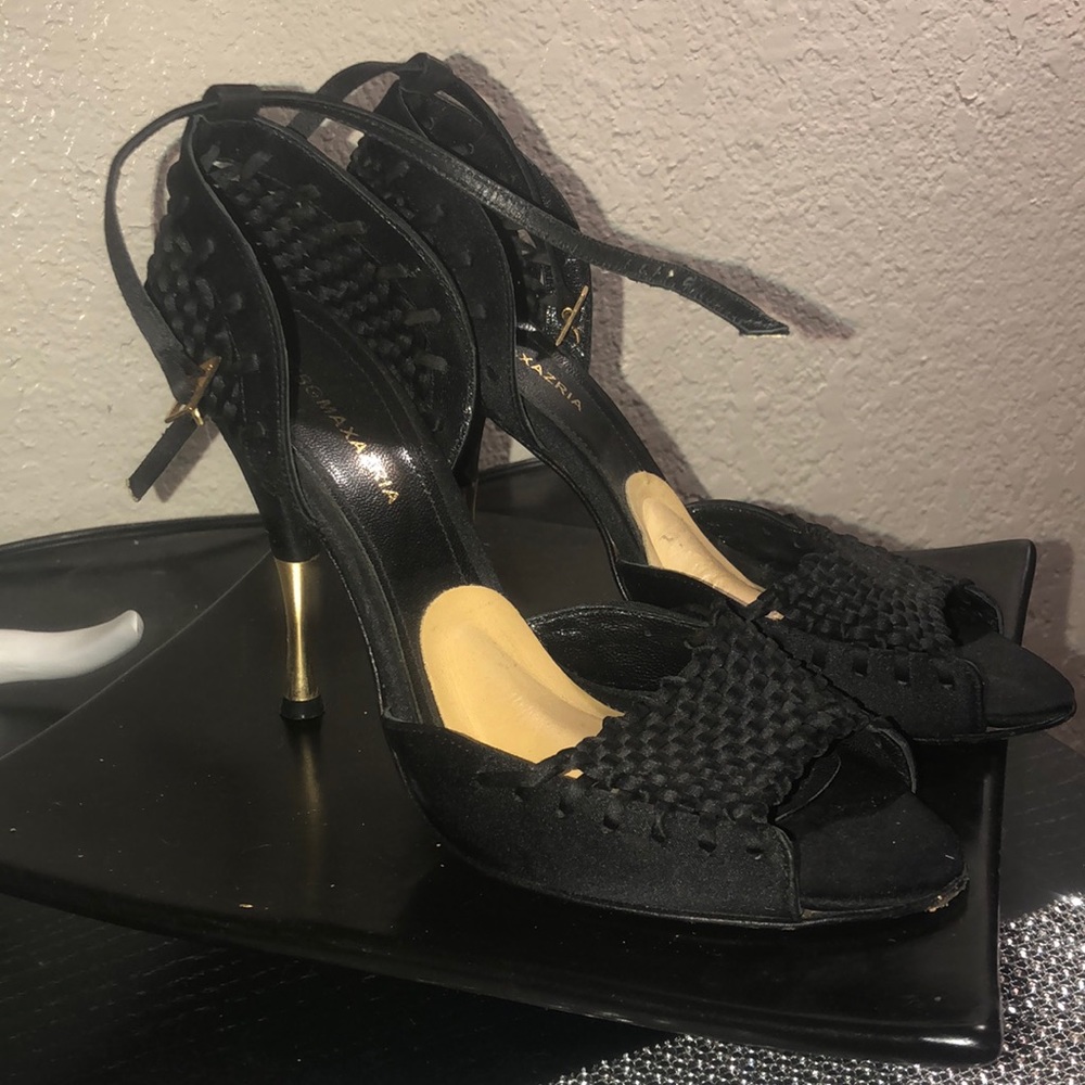 BCBG Maxaxria Black satin gold peep pump heels